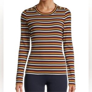Veronica Beard Multi-Stripe Long-Sleeve Ribbed Top Gold Shoulder Buttons, Size M